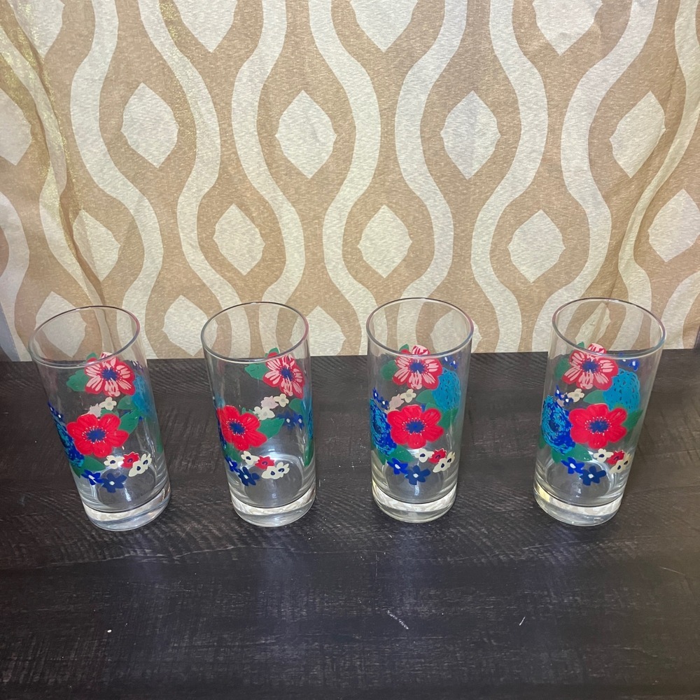 Pioneer Woman Floral Tumbler Set 4 Clear Red Blue Retro Poppies Glassware